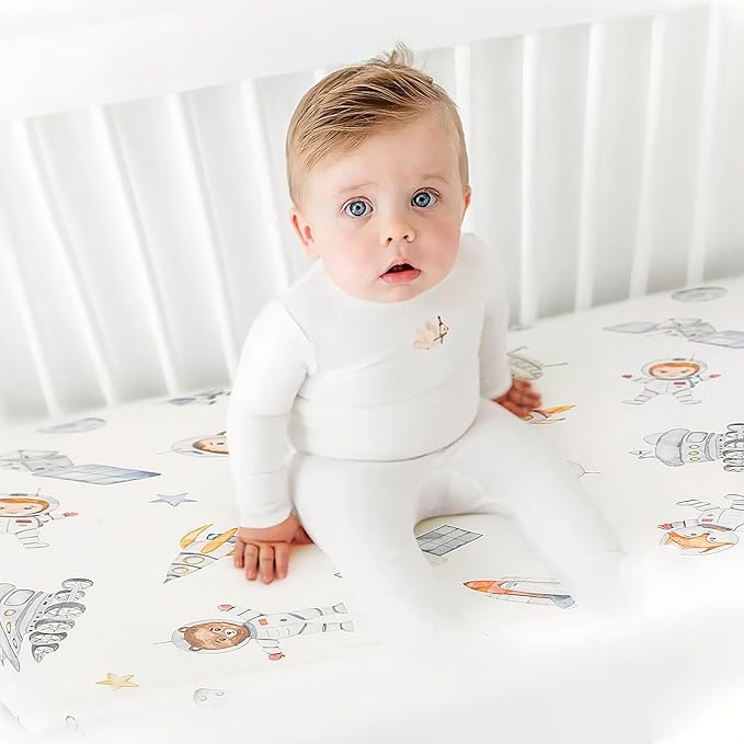 GRSSDER Pack n Play Sheets Fitted 3 Pack, Stretchy Ultra Soft Jersey Knit Pack and Play Sheets, Universal Fitted Portable/Mini Crib Mattresses Snug and Safe, Space Stylish Print