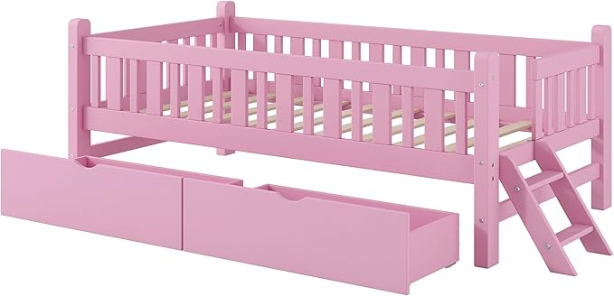 Wood Twin Size Platform Bed with Guardrail and 2 Drawers, Kids Bed with Ladder, Kids Montessori Style Bed Frame for Girls Boys (Pink)