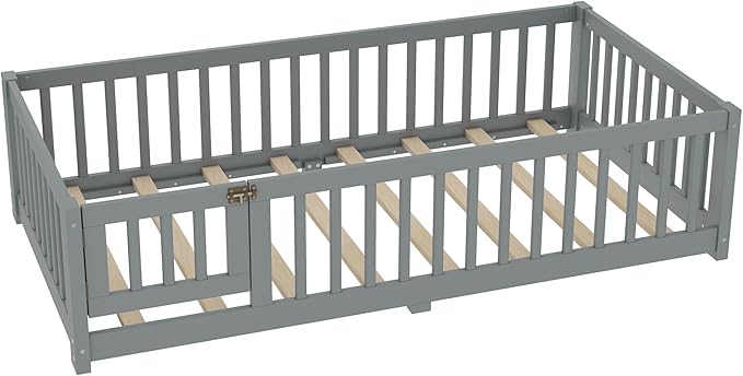 Bellemave Twin Floor Bed with Slats and Safety Guardrails, Kids Montessori Floor Beds with Fence and Door, Easy Assemble Floor Bed for Kids, Girls, Boys, Gray