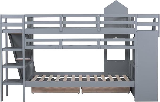 Twin-Over-Twin Bunk Beds Castle Style Bunk Bed with 2 Drawers 3 Shelves and Slide - Gray