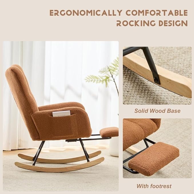 Nursery Rocking Chair Teddy Upholstered Glider Rocker with Footrest Accent Chair with High Backrest Armchair Comfy Side Pocket Chair for Living Room, Bedroom, Offices (Large Brown)