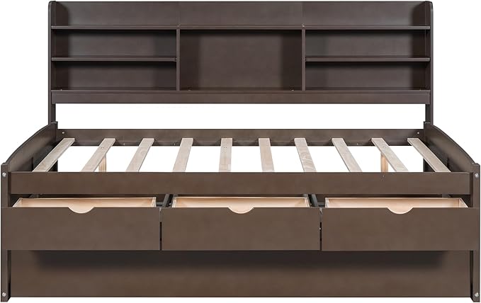 Harper & Bright Designs Full Size Captain Bed with Built-in Bookshelves/3 Storage Drawers/Trundle, Wooden Full Daybed Bed Frame for Kids Teens Dorm Bedroom Multipurpose Guest Room, Antique Gray