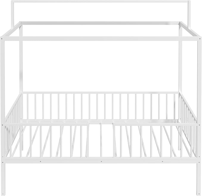 Harper & Bright Designs Full Size Montessori Floor Bed Frame for Kids, Metal Floor Bed with Canopy and Guardrails, High Fenced Canopy Bed with Sturdy Metal Slats Support, Easy Assembly, White