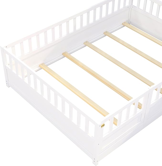 Bellemave Full Floor Bed with Slats and High Fence, Full Size Montessori Floor Beds with Door, No Box Spring Needed, Easy Assemble Montessori Bed Frame(White Full)