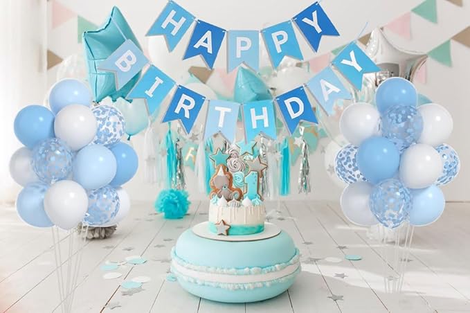 Baby Blue White Balloons And 40inch 1 Balloon, First Birthday Decorations For boy With blue White Confetti Balloons, Happy Birthday Banner Large 1 Balloon For Baby Boys Birthday Party Decorations