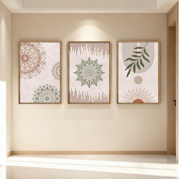 Anyzal Boho Wall Art Framed Large Abstract Geometric Line Paintings Mid-century Modern Plant Wall Decor for Bedroom Living Room Office 16x24 Inches 3 Piece