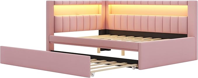 Full Size Daybed with Trundle and L-Shaped Bookshelf Headboard, Linen Upholstered Soft Corner Bed with Storage Shelves, Charging Station and LED Belt for Kids Boys Girls, Pink