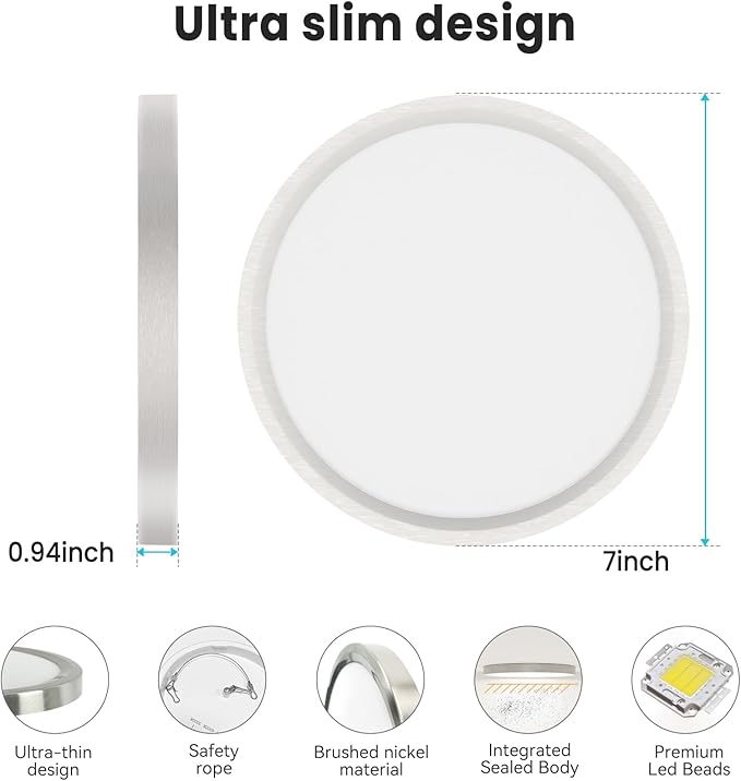 Libtit 7 Inch Nickel Brushed Flush Mount Ceiling Light, 15W, 6 Pack, 3000K/4000K/6500K Color Selectable, Ultra-Thin Round Ceiling Lighting Fixture for Bedroom, Kitchen, Pantry