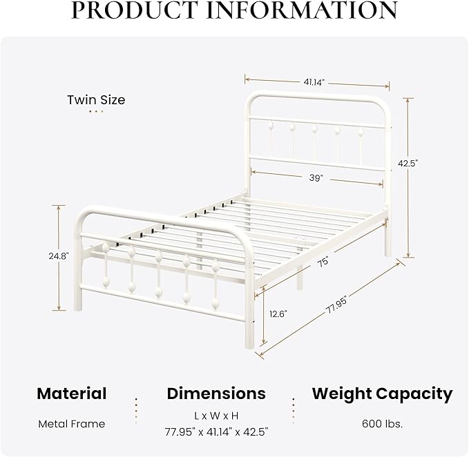 SHA CERLIN Twin Size Metal Platform Bed Frame with Victorian Style Iron-Art Headboard and Footboard, Easy Assembly, Under Bed Storage, No Box Spring Required, White