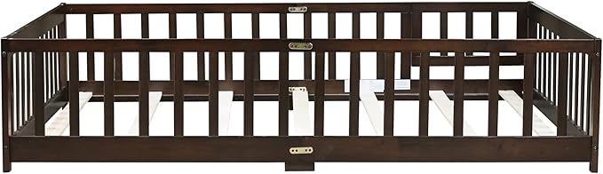 Full Montessori Floor Bed with Roof & Slats for Girls & Boys,Twin Size Floor Bed w/Safety Guardrails for Girls,Boys/Espresso