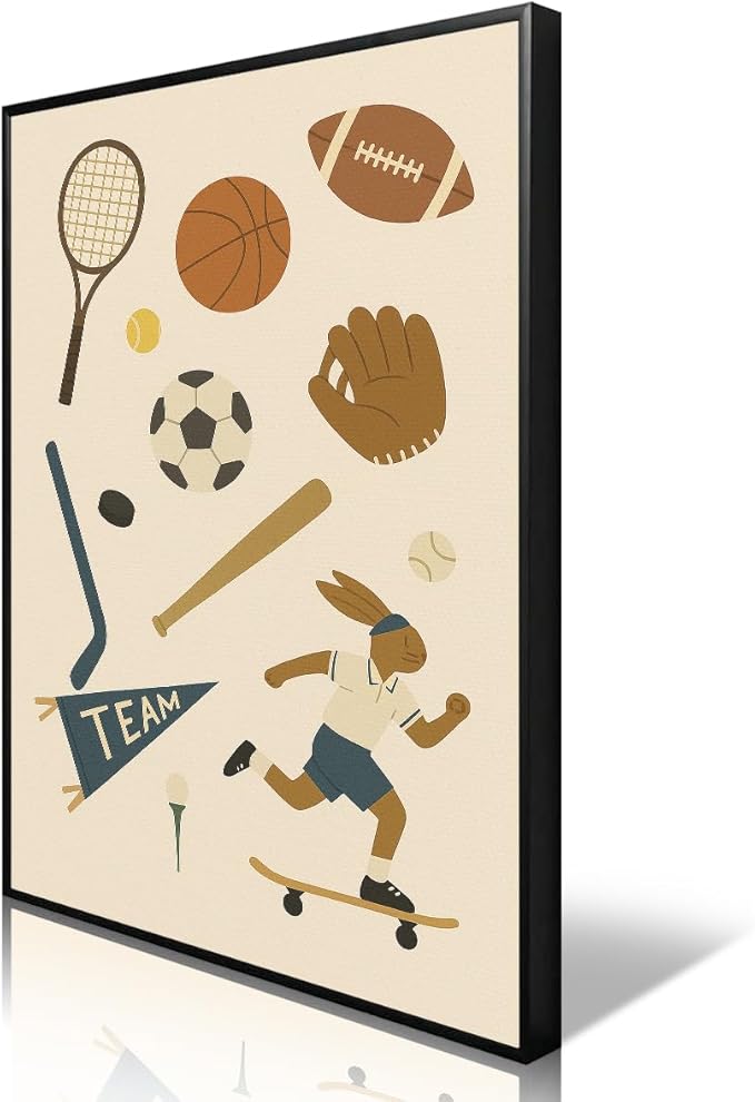 Sports Posters for Boys Bedroom, Boy Nursery Canvas Wall Art, Cute Animal Athletes & Sports Equipment Pictures, Charming Quotes Take Me Out To The Ball Game Play All Day Print 12x16in Wrapped Canvas