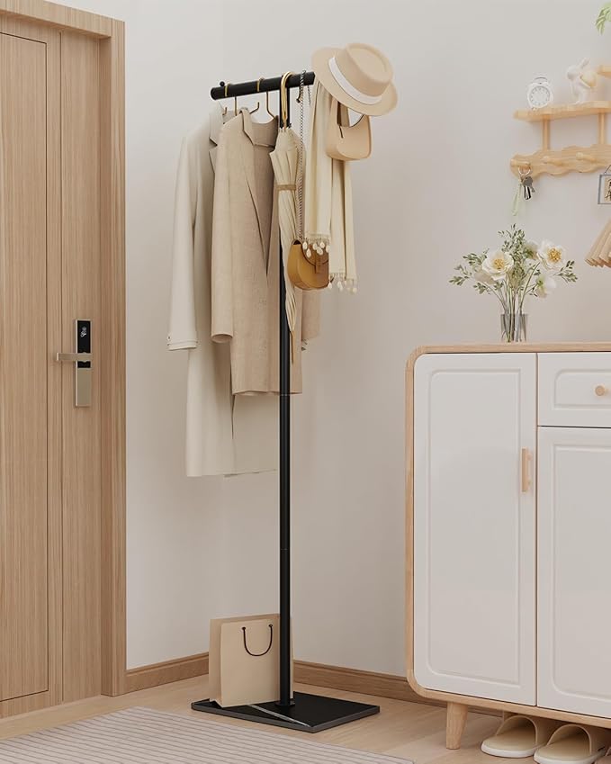 OUTBROS T-shaped Coat Rack Freestanding, Modern Clothes Rack with Rock Slab Base, Heavy-duty Metal Coat Tree for Boutiques, Hallway, Entryway, 68.9 Inches High, Black