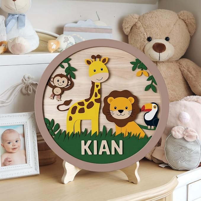 Personalized Nursery Name Sign for Boys, Animals Sign for Baby Door Decor, Newborn Gifts for Girls, Nursery Wall Bedroom Decorations, Mother's Day Gifts for New Mom Dad Gift