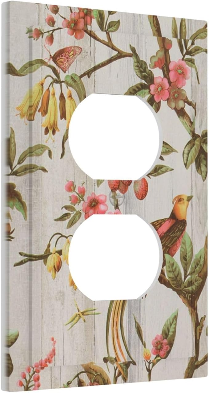 Flowers Bird Tree Retro Spring Floral Branch 1 Gang Duplex Outlet Covers Light Switch Cover Decorative Electrical Switchplate Oriental Chinese Landscape Drawn Faceplate for Bathroom Bedroom Home Decor