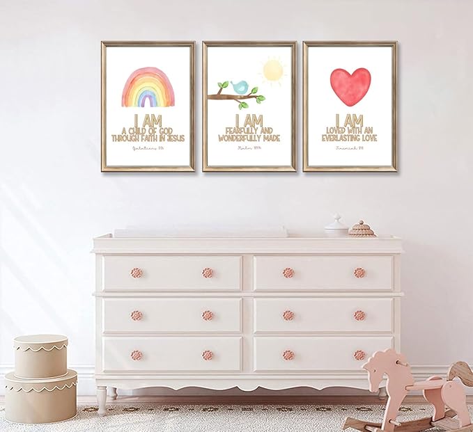 3Pcs Nursery Bible Verse Canvas Wall Art Colorful Rainbow Motivational Affirmation Wall Decor Pictures Christian Kids Scripture Introduction Posters Prints for Kids Room Nursery Home Decoration
