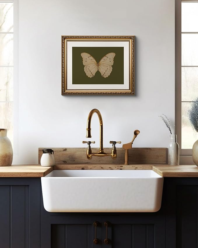 ARPEOTCY Vintage Gold Framed Wall Art, 13x16 inch Classical White Butterfly Paintings, Dark Moody Green Canvas Prints Artwork with Antique Picture Frame, Victorian Wall Decor for Gallery Living Room