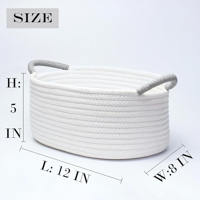 Yimi's Dream Basket for Gifting, Small Baskets for Shelves, White Cotton Rope Basket with Grey Handle for Decor, Baby Cat Dog Toy(Oval, 12"x 8"x 5")