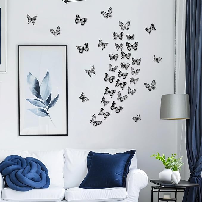 60Pcs Butterfly Wall Stickers 3D Butterflies Stickers Removable Mural Decor for Kids Room Bedroom Decor Living Room Decor (Black)