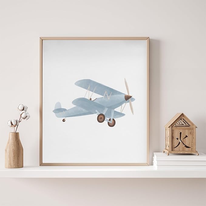 Blue Hot Air Balloon Plane Train Prints Wall Art Decor Vintage Travel Boy Nursery Wall Art Watercolor Toddler Art Blue Hot Air Balloon Plane Train Prints Bedroom Home Decor Nursery No Frame 12x16inch