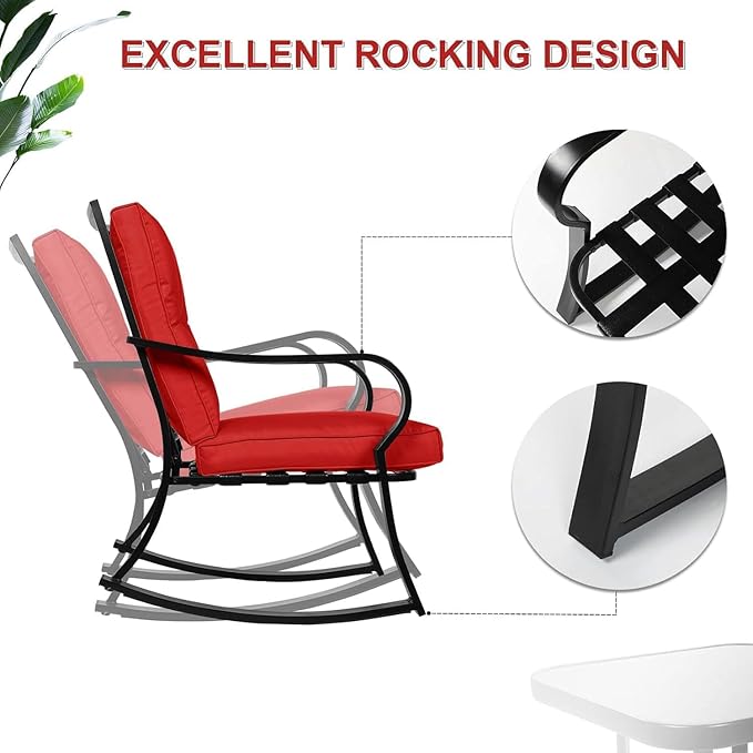 Oakcloud Oakmont Outdoor Furniture 3 Piece Conversation Bistro Set Rocking Chairs and Glass Top Table, Thick Cushions, Black Steel (Red)