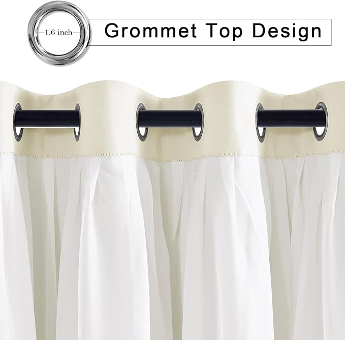 Hiasan Double Layer Blackout Curtains with Sheer Overlay, Extra Long Mix & Match Thermal Insulated Grommet Window Curtains for Bedroom, Living Room, 2 Panels with Tiebacks, Ivory, 52W X 108L