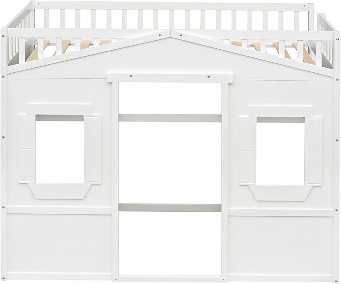 Twin Size Loft Bed with Safety Guardrail for Kids Boys Girls, Playhouse Design Solid Wood Loft Bed Frame with Ladder and Windows, Strong Wood Slats Support, Space-Saving (White)