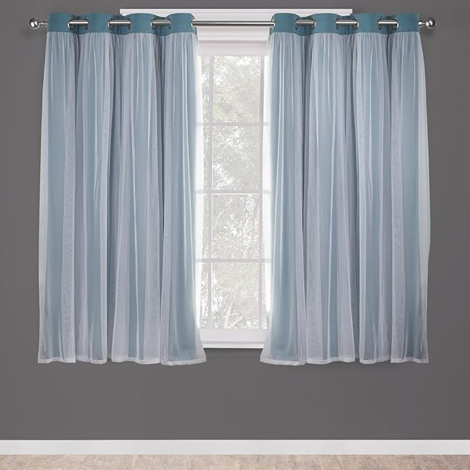 TOWN & COUNTRY LUXE Talia Double Layer Indoor Curtains, Sheer and Room Darkening Blackout, Grommet Top, Energy Efficient, 2-Pack Set, 52"x63", Turquoise