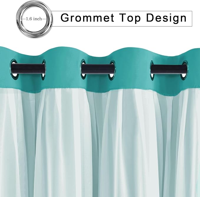 Hiasan Blackout Curtains with Sheer Overlay,Thermal Insulated Mix&Match Double Layer Room Darkening Curtains for Bedroom,Living Room,Nursery,2 Window Panels Sewn with Tiebacks,Peacock Teal,52W X 84L