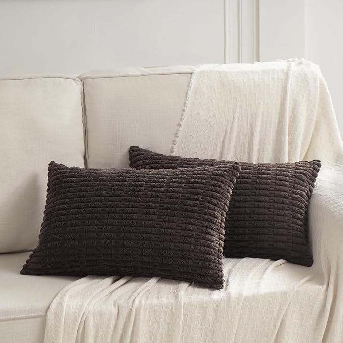 Fancy Homi 2 Packs Dark Brown Decorative Throw Pillow Covers 14x24 Inch for Living Room Couch Bed Sofa, Rustic Farmhouse Boho Home Decor, Soft Striped Corduroy Square Cushion Case 35x60 cm