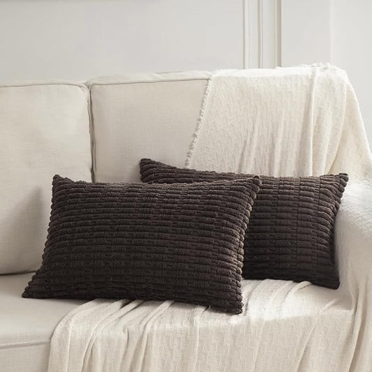 Fancy Homi 2 Packs Dark Brown Decorative Throw Pillow Covers 14x24 Inch for Living Room Couch Bed Sofa, Rustic Farmhouse Boho Home Decor, Soft Striped Corduroy Square Cushion Case 35x60 cm