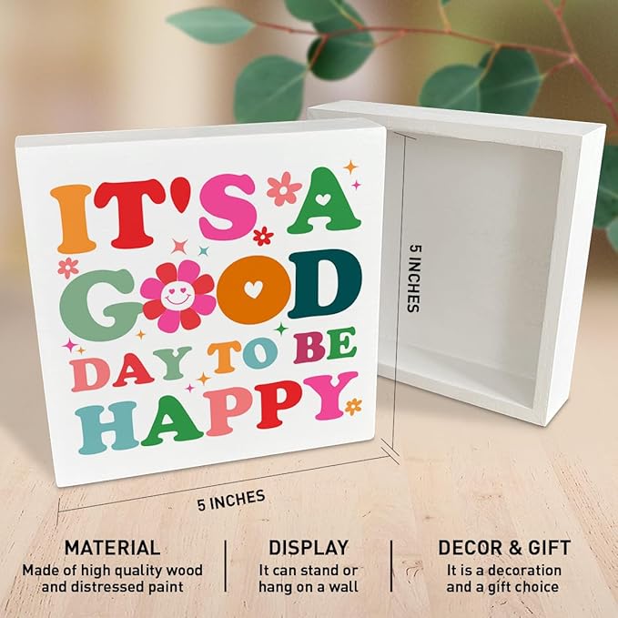 Boho Hippie Mental Health Wood Box Sign Desk Accessories Decor for Therapy School Counselor Counseling Office, Inspirational It’s a Good Day to Be Happy Decor for Nursery Classroom Toddler Room