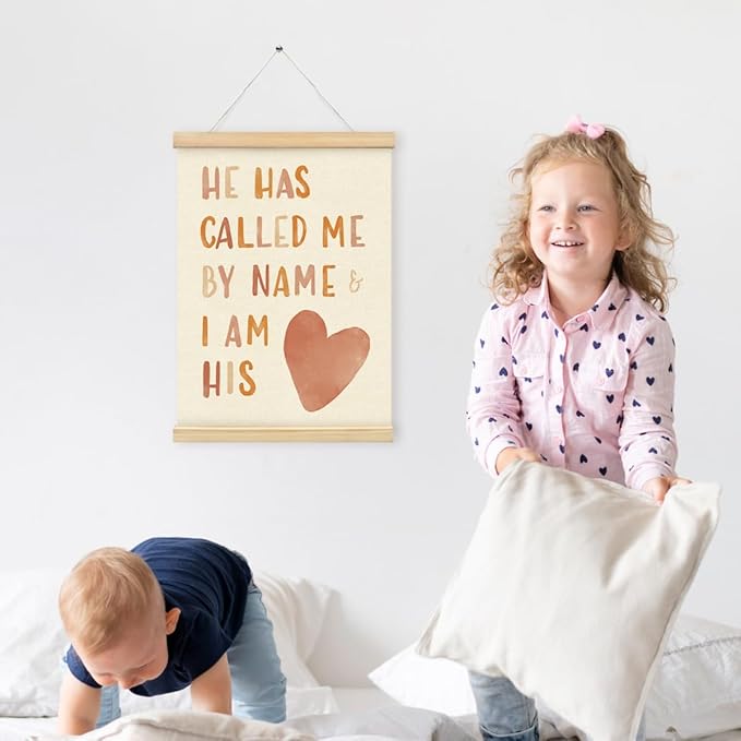 PLKMN Christian Nursery Wall Decor, He Has Called Me by Name Wall Art with Wooden Poster Hanger, Boho Heart Christian Wall Decor for Nursery Kids Room Sunday School Preschool Classroom, 12x16 Inch
