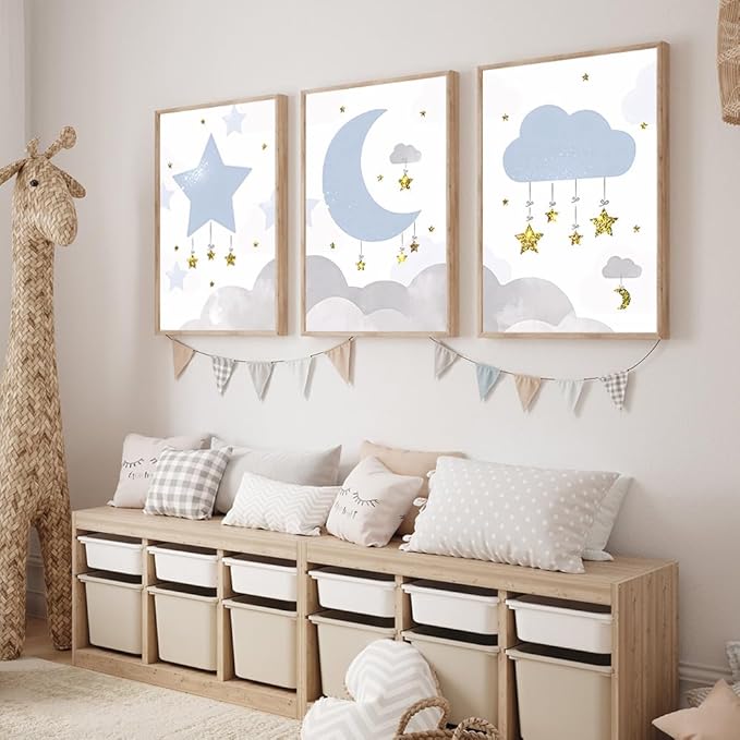 LUHDFYS Cartoon Moon and Stars Canvas Wall Art Print,Scandinavian Style Nursery Decor Poster,Blue Moon and Stars Wall Art,Cute Baby Room Classroom Decoration for Boys and Girls Unframed