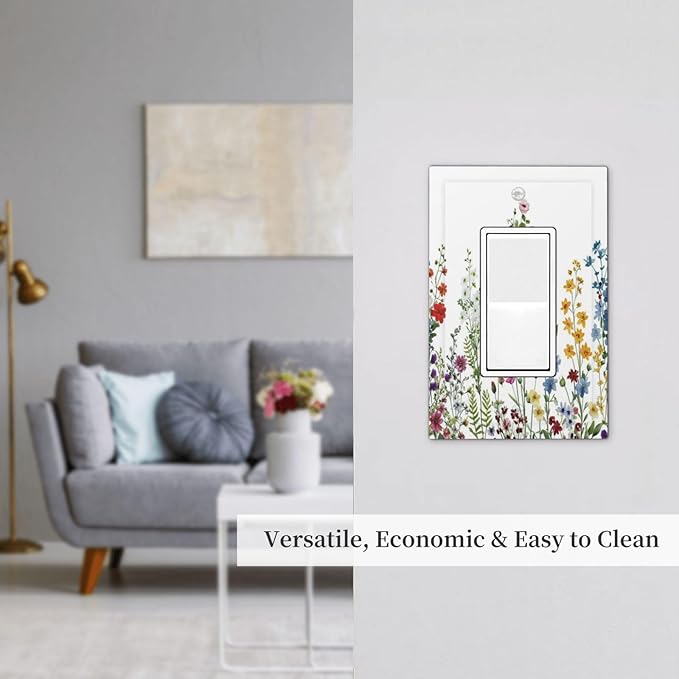 Outlet Covers Colorful Wildflowers Plants Flowers on White Background 1 Gang Light Switch Cover Plate Single Rocker Switch plate Covers Decorative Wall Plates Electrical GFCI Receptacle for Home Decor
