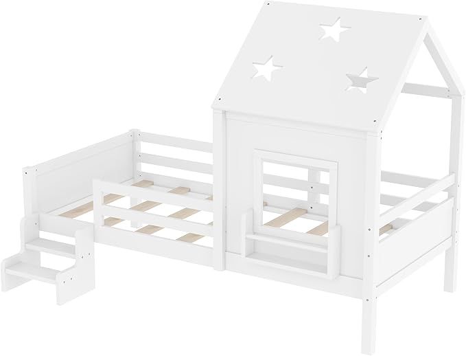 Bellemave Twin House Bed with Rails or guardrails and Bookcase, Wooden Twin House Shape Platform Bed for Boys, Girls, Teens, White