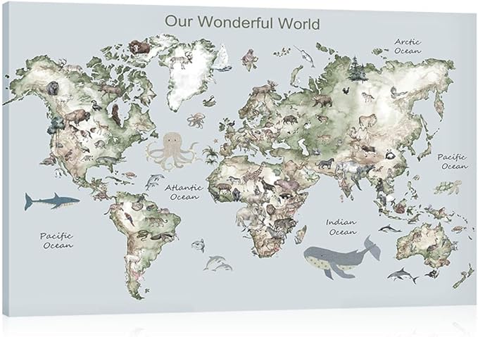 Educational Posters for Toddlers 1-3, Toddler Learning Poster for Kids Ages 3-5, World Map Canvas Print Nursery Preschool Homeschool Kindergarten Classroom Decor 12x18 Inch Framed B