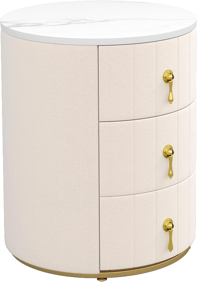Bellemave Set of 2 Upholstered Nightstand with 3 Drawers, Two Round Bedside Tables with Metal Handles, Velvet End Tables, Marbling Stickers Top Nightstands (Beige)