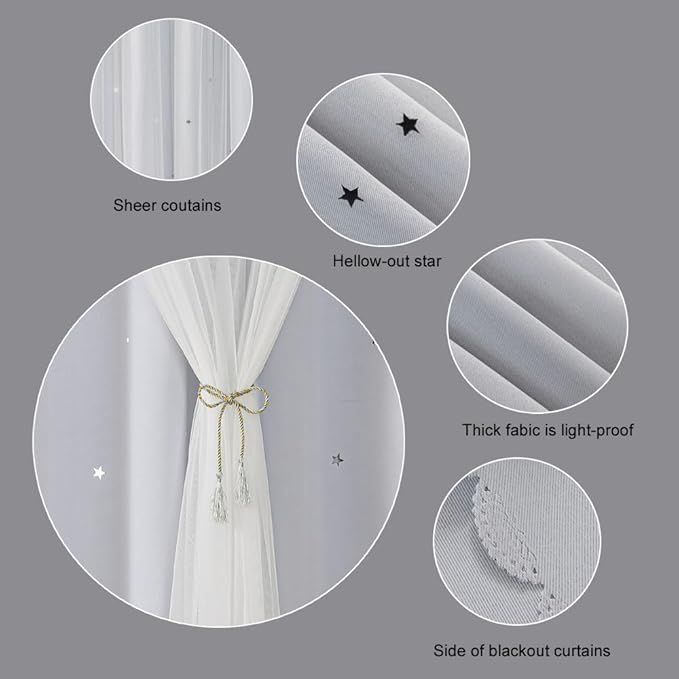 Ombre Rainbow Blackout Curtains for Kid Girls Bedroom Living Room Darking Stripe Double Layer Star Cut Out Wall Home Decor Gradient Grommet Window Curtains (Greywish White 95)