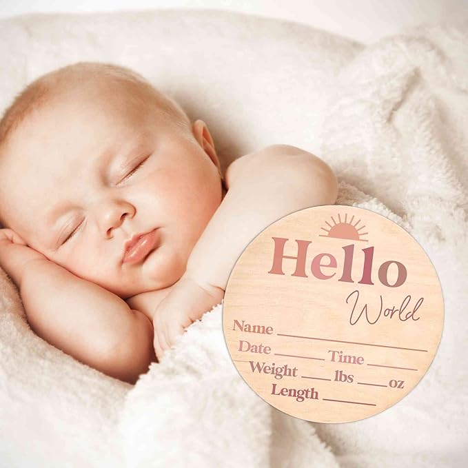 Hello World Newborn Sign - Baby Name Birth Announcement Plaque for Hospital - Photo Prop - Nursery Decor - Shower Gift