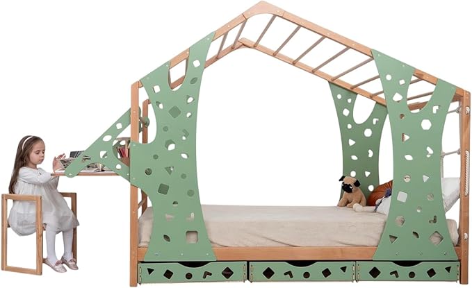 BUSY WOOD Monkey Bed – Twin Frame with Storage & Desk – Montessori Indoor Playground – Jungle Gym Furniture for Kids – Toddler Sleeping Frame with Drawers & Removable Table