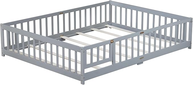 Queen Size Floor Bed Frame with Slats and Safety Guardrail, Wood Queen Size Montessori Floor Bed with Door and Fence, Easy Assemble Montessori Beds for Kids, Girls, Boys, Gray