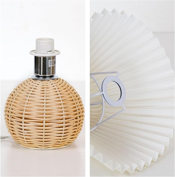 KUNJOULAM Pleated Table Lamp, Modern Bedside Nightstand Lamp with Beige Lampshade Rattan Metal Base, Desk Light for Bedroom Living Room Home Office Decor with E12 Bulb