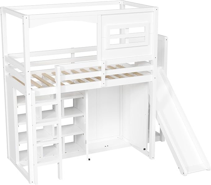 Playhouse Style Loft Bed Twin Size with Slide and Ladder, Solid Wood Loft Bed Frame with Wardrobe and Storage Shelves for Kids Teens, Maximize Space