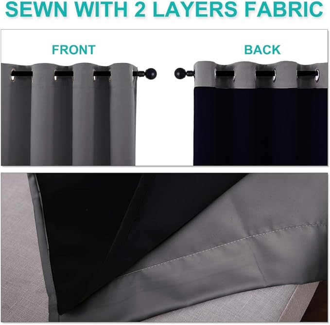 NICETOWN 100% Blackout Curtains with Black Liners, Thermal Insulated Full Blackout 2-Layer Lined Drapes, Noise Cancellation Window Draperies for Dining Room (Grey, 2 Panels, 55-inch W by 57-inch L)