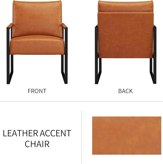 CANMOV Modern Accent Chair Set of 4, PU Leather Armchair with Metal Frame,Comfy Single Reading Chair with Soft Padded Backrest and Cushion for Living Room, Bedroom,Reading Room,Office,Brown