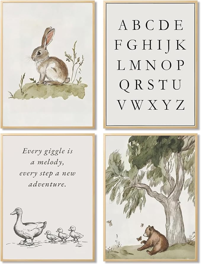 Kousne Nursery Gallery Wall Art Animal Canvas Prints Vintage Rustic Poster Set for Kids’ Room Decor Alphabet Inspirational Quotes Wall Art Neutral Baby Room Painting Unframed12x16 Inches