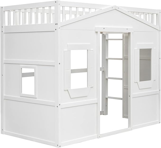 Twin Size Loft Bed with Safety Guardrail for Kids Boys Girls, Playhouse Design Solid Wood Loft Bed Frame with Ladder and Windows, Strong Wood Slats Support, Space-Saving (White)