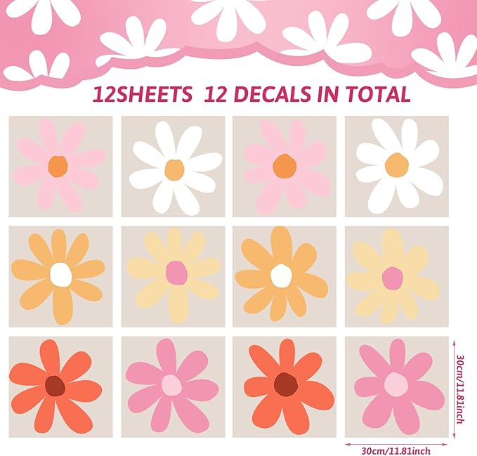 TaoBary 12 Sheets Daisy Wall Decal Flower Wall Sticker Cute Daisy Sticker Pink White Flower Decal Peel and Stick Floral Wallpaper for Nursery Bedroom Home Decor(Bright Color,Minimalist Style)