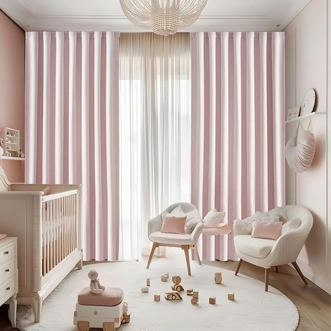 Kawaii Pink Blackout Curtains for Kids Bedroom 96 Inches Long 2 Panels Burg, Energy Efficient/Soundproof Pretty Dorm Curtains 8ft Linen Pleated Drapes for Hooks&Rod Pocket (50" W x 96" L)