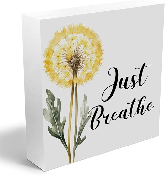 Secret Santa Gifts Just Breathe Decorative Wooden Box Sign, dandelion Inspirational Quotes Deco Rustic Farmhouse Home Office Shelf Table Decorations Wood Block Plaque